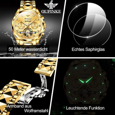 Чоловічий годинник OLEVS Automatik Skeleton з автопідзаводом: механічний годинник з люксовим дизайном, сапфіровим склом, вологостійкий, з браслетом з вольфрамової сталі (3186 Goldene)