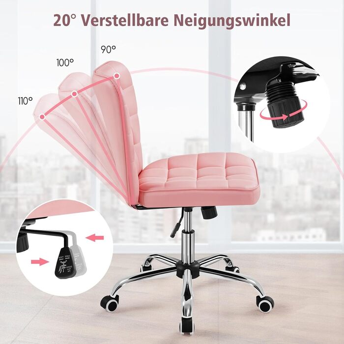 Крісло для дому та офісу Yaheetech, обертове, регульоване по висоті, без підлокітників, на коліщатках, з м'яким сидінням, штучна шкіра, рожеве