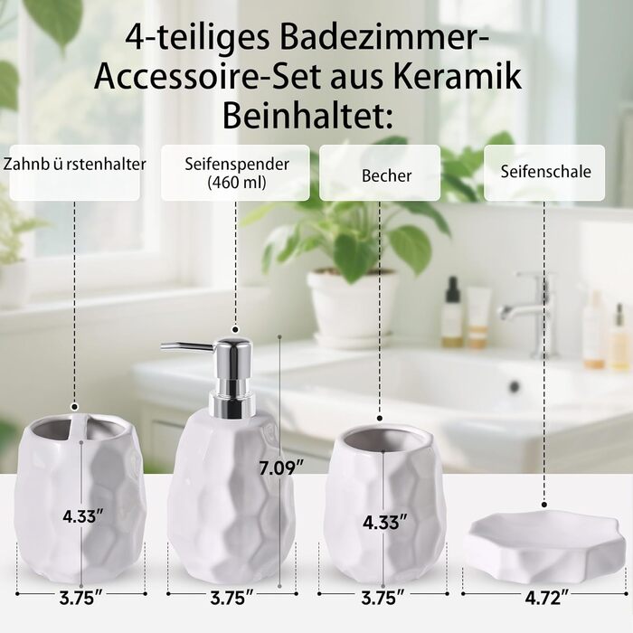 Набір аксесуарів для ванної кімнати, 4 шт: диспенсер для мила, мильниця, тримач для зубних щіток, стаканчик для зубних щіток, органайзер для ванної кімнати, сучасний дизайн (білий)