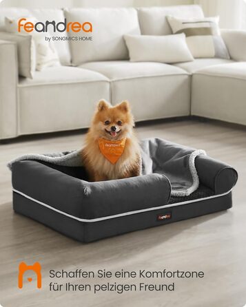 Feandrea Orthopedic Dog Bed, Dog Cushion, Dog Basket, Soft Padding, Dog Sofa, Raised Edges, Removable and Washable Cover, 91 x 71 x 20 cm, Non-Slip Bottom, PGW076G01 (L 76 x W 51 x H 18 cm, Dark Grey)
