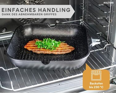 Сковорідка гриль 28 см з рифленою антипригарною поверхнею та знімною ручкою, для всіх типів плит (індукція) – для стейків та овочів гриль, з щипцями, без PFOA/PFOS, чорна