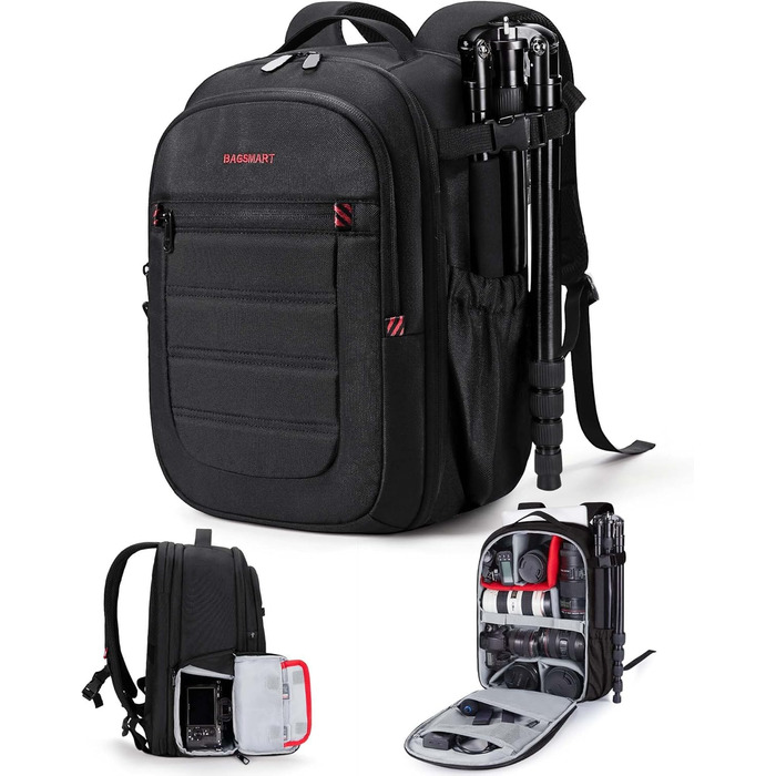 Сумка-рюкзак для фотокамери Bagsmart: водонепроникний рюкзак для фотографів з відділенням для ноутбука 15,6 дюймів, чорний