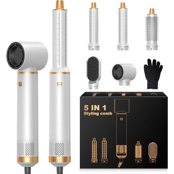 OKWRAP Hairstyler 5 в 1: Фен, плойка, браш для укладки, іонний випрямляч, набір для створення локонів та об'єму. Білий