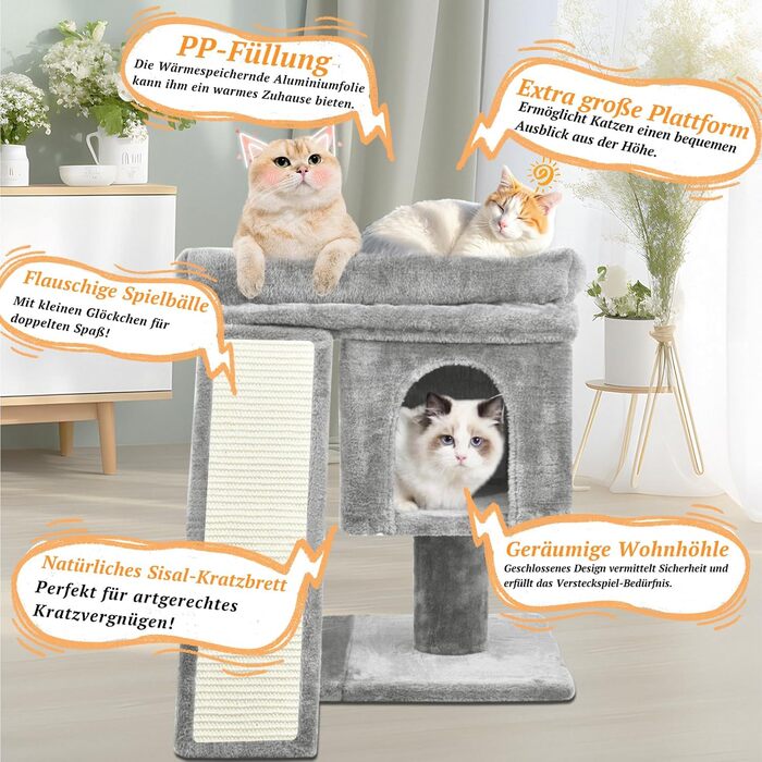 Дряпальня для котів великих порід, 60 см, сірий, з платформою, сизаль, пандус, будиночок, м'ячики, щітка
