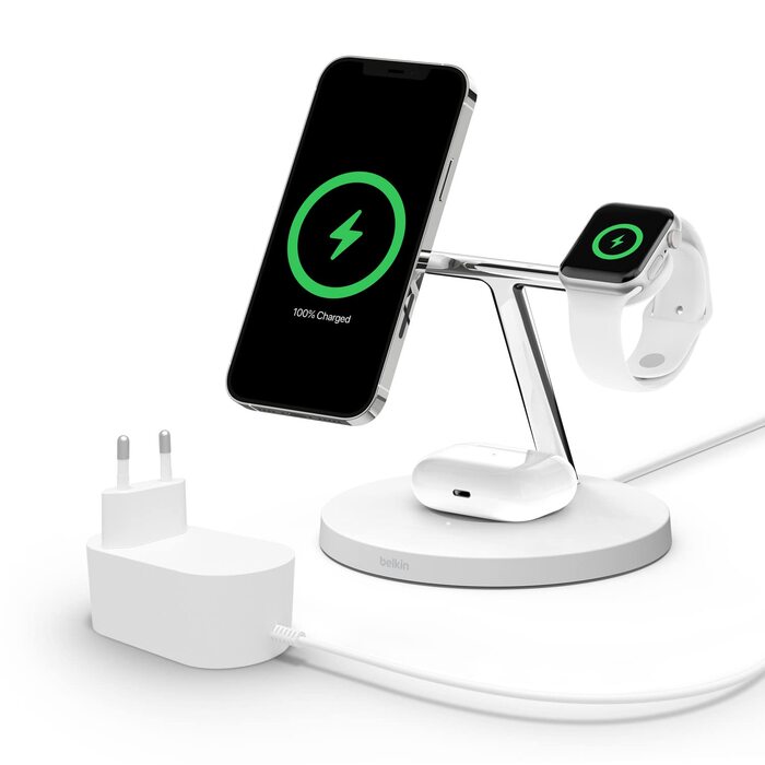 Belkin BoostCharge Pro 3-в-1 MagSafe Бездротове Зарядне Пристрої для iPhone 13, Apple Watch та AirPods (15W) - Білий
