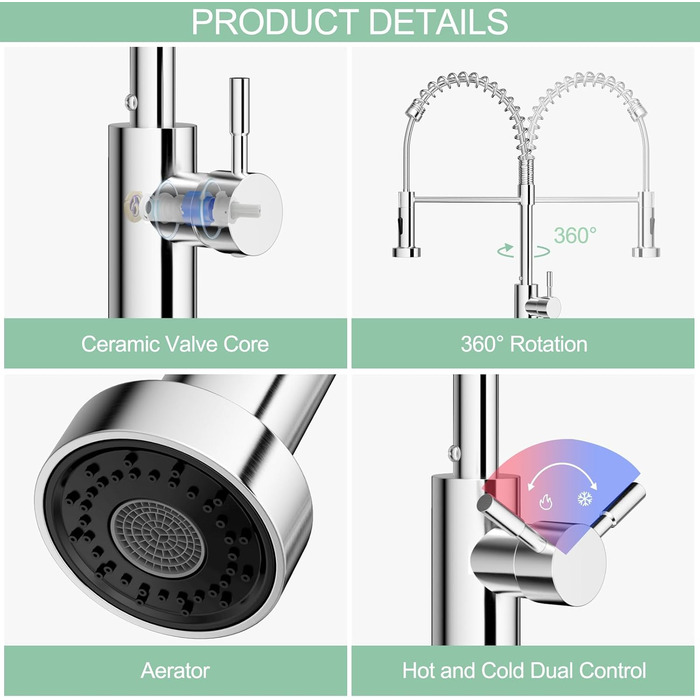 Кухонний змішувач з висувною лійкою, 360° поворот, 2 режими струменя, нержавіюча сталь, хром