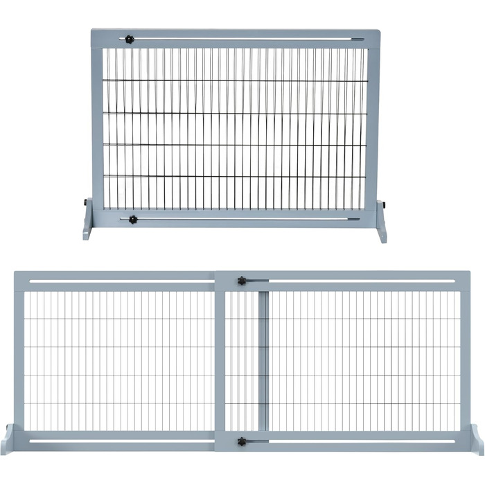 PawHut Wooden Pet Gate - Extendable Dog Barrier with Footrest, Freestanding Baby/Pet Gate, Stairway Gate, Fireplace/Oven Gate, Gray Blue, 104-183 x 36 x 69 cm