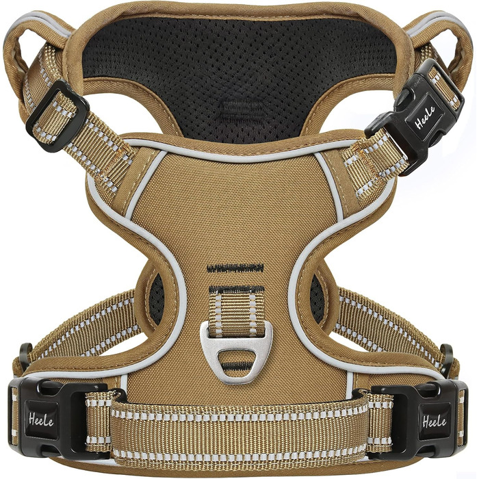 Шлейка для собак HEELE з регулюванням натягу, світловідбиваюча, для середніх собак, з м'якою ручкою, 1 пряжка, легко одягається, коричнева, розмір M, обхват грудей 38-71 см, Uni-Khaki