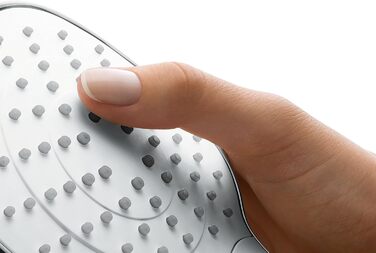hansgrohe Croma Select E - water-saving showerhead 9 l/min (EcoSmart), hand shower with 3 spray patterns, square shower head (110 x 110 mm), showerhead with water-saving function and anti-limescale feature, White/Chrome (1 spray pattern)