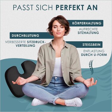 Ортопедична подушка для сидіння Nachtengel з Memory Foam (3 ступені жорсткості) для ергономічного комфорту, полегшення болю в куприку та зменшення болю – ідеально підходить для офісного крісла, автосидіння та ін. (1 шт, Medium (60-100 кг)) Чорний колір