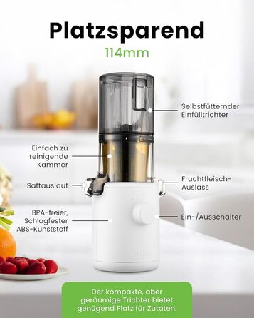Hurom Slow Juicer | Vegetable and Fruit Juicer | H310 | Easy to Clean & Quiet Motor Electric Juicer with Mesh Filter | 150 Watts | BPA Free | Slim Design | 220ml, White
