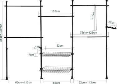 SoBuy KLS04-SCH Telescopic Rod Clothes Rack with 5 Clothes Rails and 2 Baskets Telescopic Wardrobe System Adjustable Shelving System B (209-311) x (200-285) cm