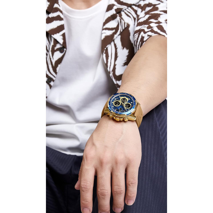 Навіфорс чоловічий військовий годинник: аналоговий кварц, водостійкий, спортивний, з багатофункціональним шкіряним ремінцем (золотий+блакитний)