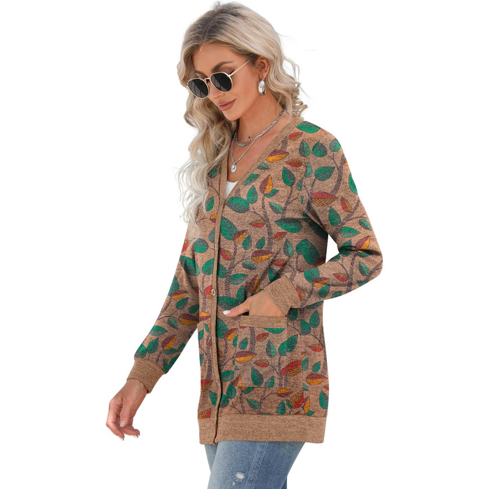 Жіночий трикотажний кардиган Grecerelle з довгими рукавами, V-подібним вирізом, з кишенями та ґудзиками, осінь, колір 'Коричневе листя'