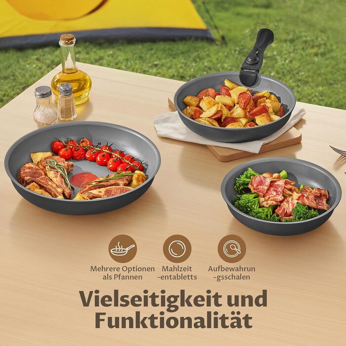 Набір сковорідок 4 шт. 20, 24, 28 см з термоіндикатором, знімні ручки, антипригарне покриття, підходить для всіх плит, можна використовувати в духовці