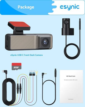eSynic Mini Dashcam: Автомобільний відеореєстратор з Wi-Fi, 1080P Full HD, 160° Кут огляду, Нічне бачення, G-сенсор, Паркувальний режим, Керування через додаток, 32GB SD-карта в комплекті (Дві камери - передня та задня)