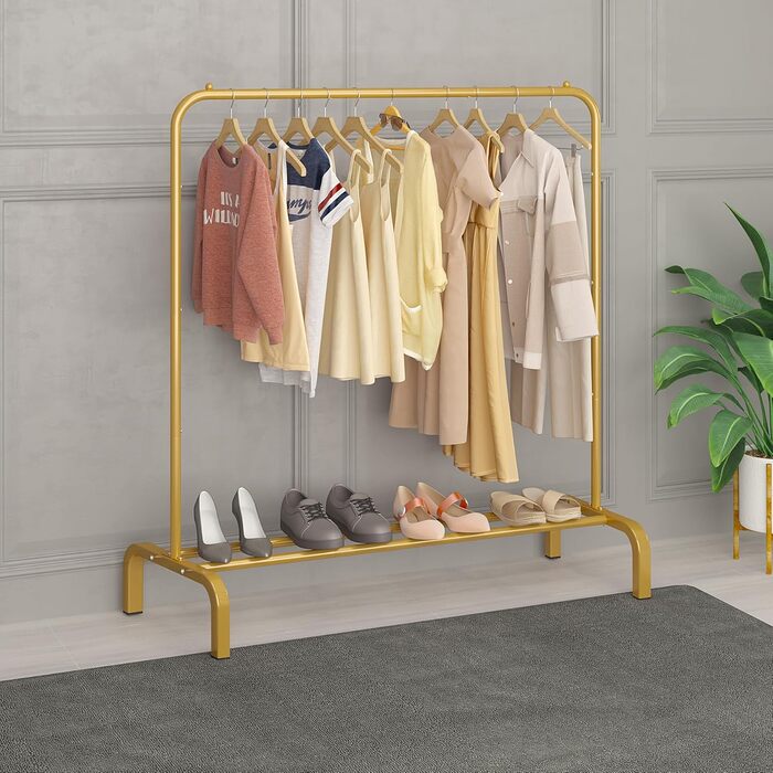 JIUYOTREE Clothes Rack, Coat Rack, Metal Clothes Rod, Durable Clothes Rod with Bottom Frame for Coats, Skirts, Shirts, Sweaters, White (Gold)