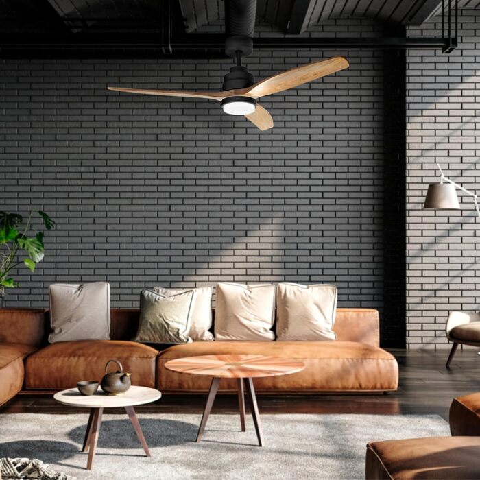 Стеляний вентилятор Ufesa, 40W, 6 швидкостей, надзвичайно тихий, 3 дерев'яних лопаті 132см, літньо-зимовий режим, таймер 8год, пульт керування, з підсвічуванням, чорний - світле дерево