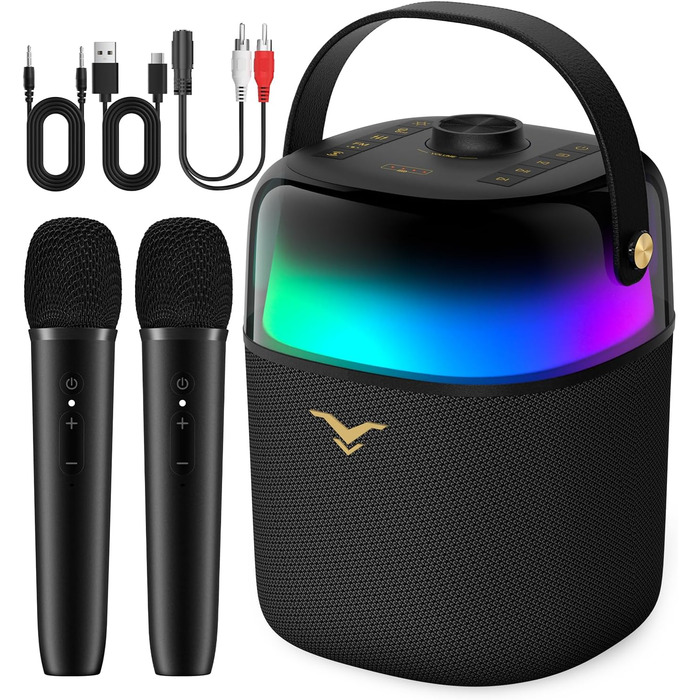 Караоке система з 2 мікрофонами, LED-підсвічуванням, портативна партійна колонка, 80W, USB/Bluetooth/AUX, для дому та на вулицю (для дорослих та дітей)