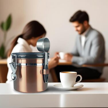 Контейнер для кави з нержавіючої сталі 1000 мл – герметичний дизайн з мідним покриттям, клапан CO₂, індикатор дати та мірна ложка – для кавових зерен та меленої кави