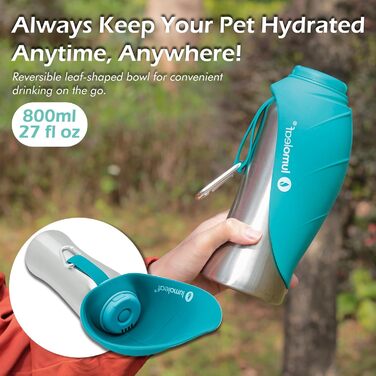 LumoLeaf Stainless Steel Dog Water Bottle - 800ml Portable Pet Water Dispenser for Travel, Hiking & Camping (Blue)