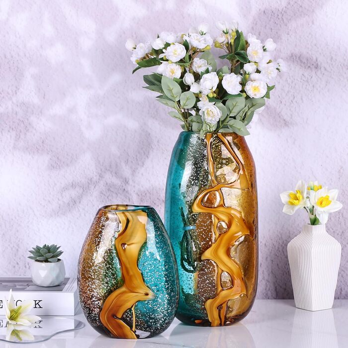 Blue-Green Blown Glass Flower Vase - Unique Murano Style Decor for Bookshelves & Living Rooms