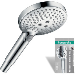 Hansgrohe Raindance Select S - Showerhead, Hand Shower with 3 Spray Patterns, Showerhead, Showerhead with Anti-Limescale Function, White/Chrome, 26530400 (Chrome, without PowderRain spray, 1)