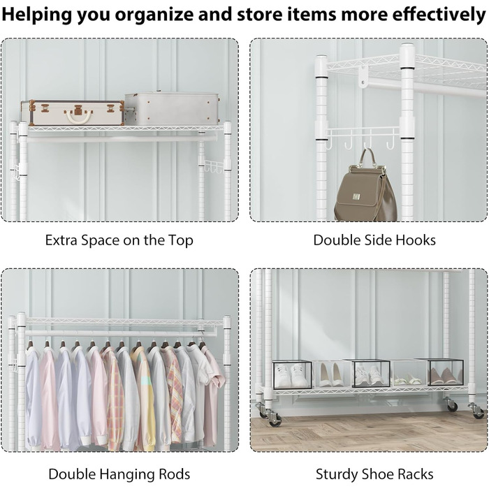 Double Clothes Rack/Garment Rod with Adjustable Shelves, Heavy-Duty Clothes Rack with 2 Hooks, Clothes Rack with Wheels, 90 * 42 * 205cm, White