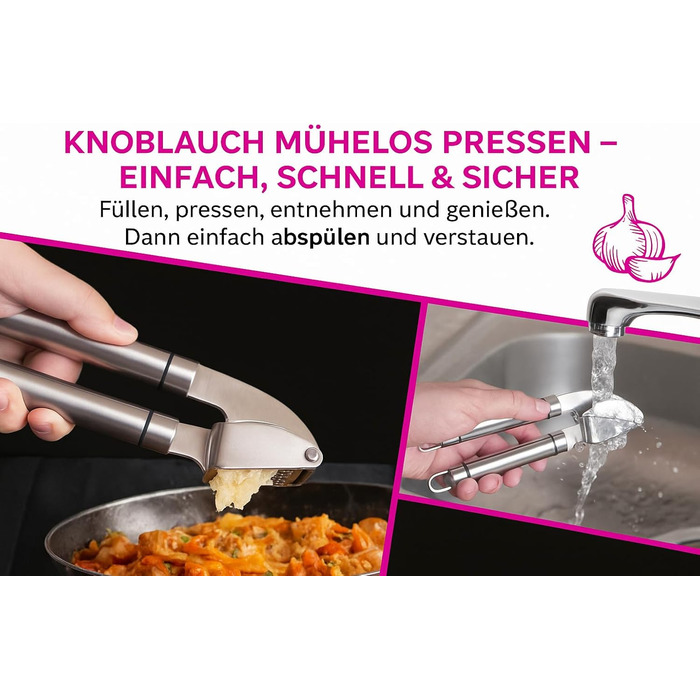 Ручна преса для часнику з нержавіючої сталі – професійний кухонний помічник для швидкого очищення та подрібнення часнику, прес для часнику з нержавіючої сталі, ергономічна, ідеальна для кожної кухні