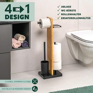 Набір для туалету Eluno Stand-WC 4в1: щітка, тримач туалетного паперу, полиця, бамбук/метал (чорний)