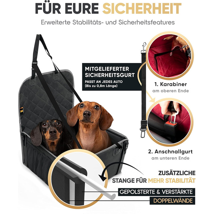 Автокрісло для собак HELDENWERK Extra Stabiler - Водонепроникне, з 5 ременями, для заднього та переднього сидіння (Чорно-сіре, стандартне)