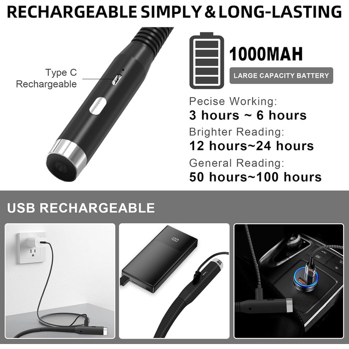 Ліхтарик на шию LED для читання, гнучкий, з USB зарядкою, 3 кольори світла, захист очей для дорослих та дітей, чорний