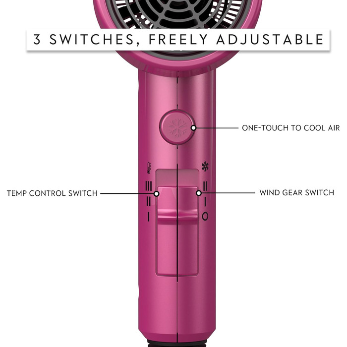 Фен AINA з дифузором, для жінок | Іон-технологія, керамічне покриття, холодний струмінь, 230v~ (неоново-рожевий)