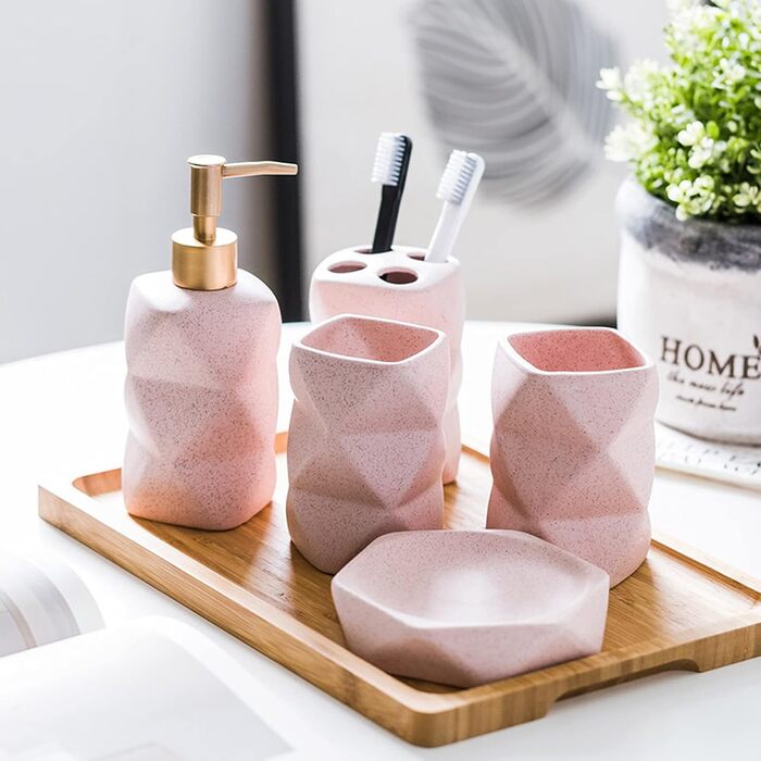 Набір аксесуарів для ванної кімнати Tauzveok: геометричний дизайн, рожевий, 4 шт. (серебряний дозатор мила, попільничка для зубних щіток, мильниця, тримач для зубних щіток)