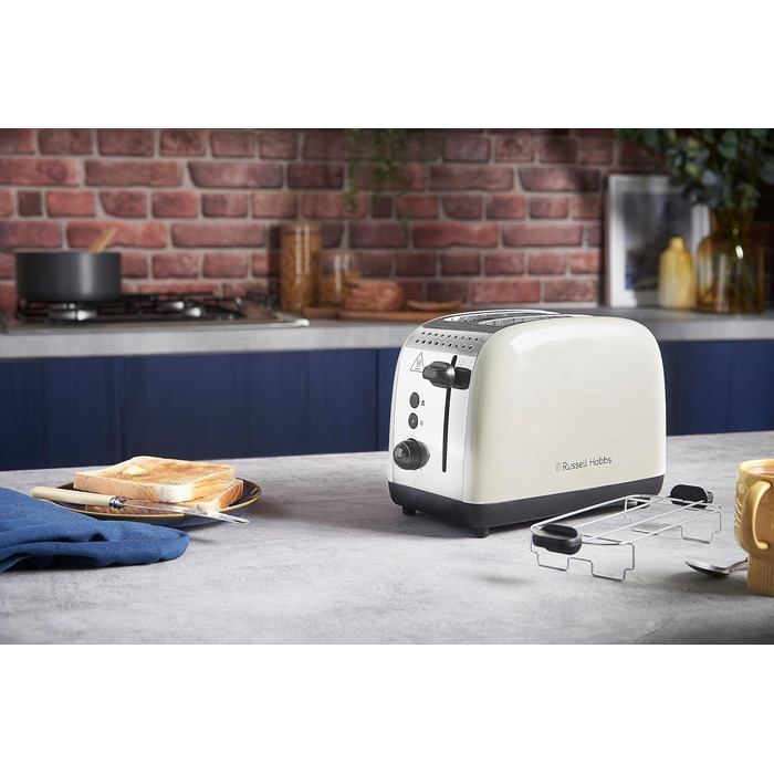 Тостер Russell Hobbs Colours Plus, 2 скибки, нержавіюча сталь, кремовий, широкі відсіки, підставка для булочок, 6 режимів підсмажування, функція розморожування, Lift & Look, 1600 Вт