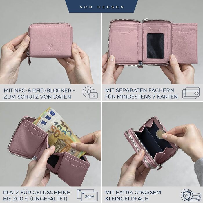 VON HEESEN Leather Wallet with RFID Blocker - Wallet for Women & Men made of Genuine Leather - Wallet with Coin Pocket - Purse for Women and Men in Lavender