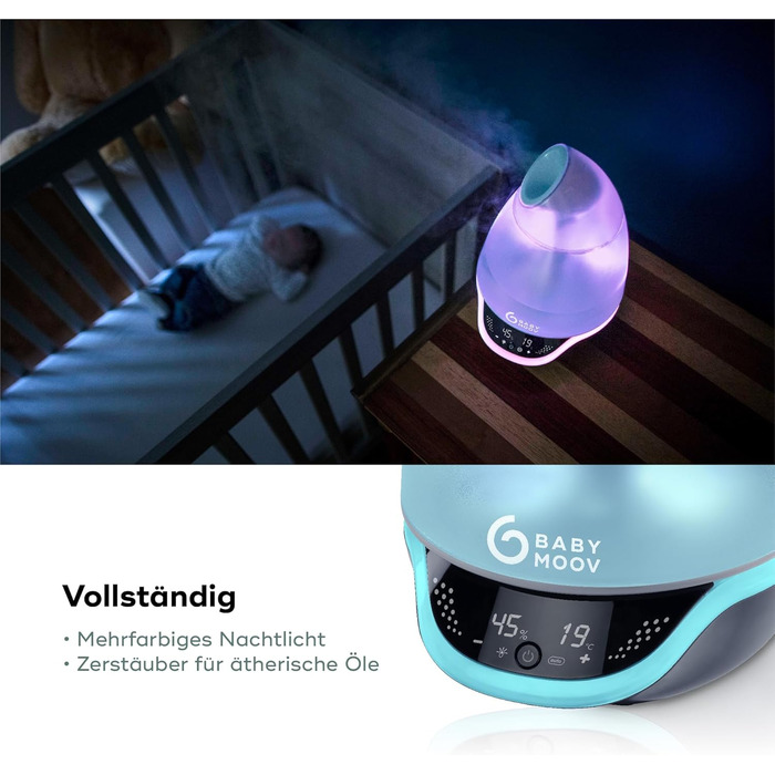 Babymoov Hygro Plus: Цифровий зволожувач повітря з нічним світлом (7 кольорів), автоматичним контролем вологості та розпилювачем для ефірних олій