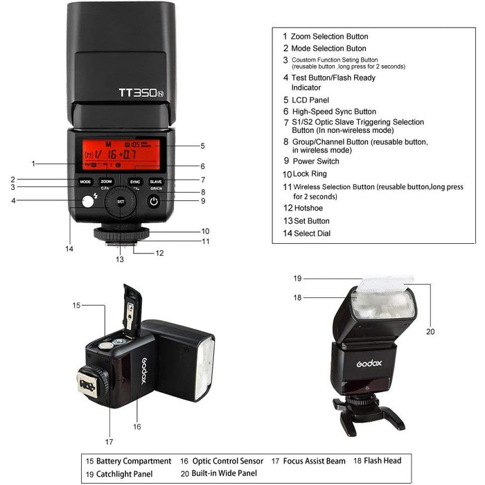 Спалах Godox TT350N для Canon - TTL, 2.4G, HSS 1/8000s, GN36, сумісний з 6D, 7D, 50D, 60D, 500D, 550D, 600D, 650D, 1000D, 1100D, 1DX, 580EX II, 5D Mark II III
