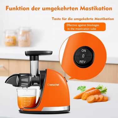 AMZCHEF Juicer - Vegetable and Fruit Test Winner - Slow Juicer with Reverse-Mastication Function - Gentle Crushing Without Filtering - Electric Juice Press with Brush and 2 Cups - Vibrant Orange