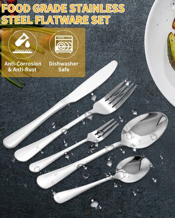 12-Person Flatware Set with Steak Knives, 72-Piece Stainless Steel Flatware Sets, High-Polished and Dishwasher Safe, Elegant Dinnerware, with Knife/Fork/Spoon, for Home, Party, Restaurant