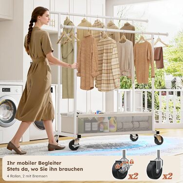 Подвійний мобільний вішак для одягу з кошиком для білизни, металевий (110 кг), білий - міцний вішак для пальт, суконь, светрів