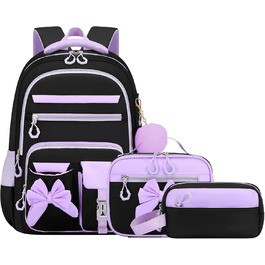 Шкільний рюкзак для дівчаток 3 в 1: рюкзак, ланч-бокс, пенал. Kawaii дизайн, 3-7 клас, для гімназії. Антикрадіжна сумка, 24L, фіолетово-чорний колір.