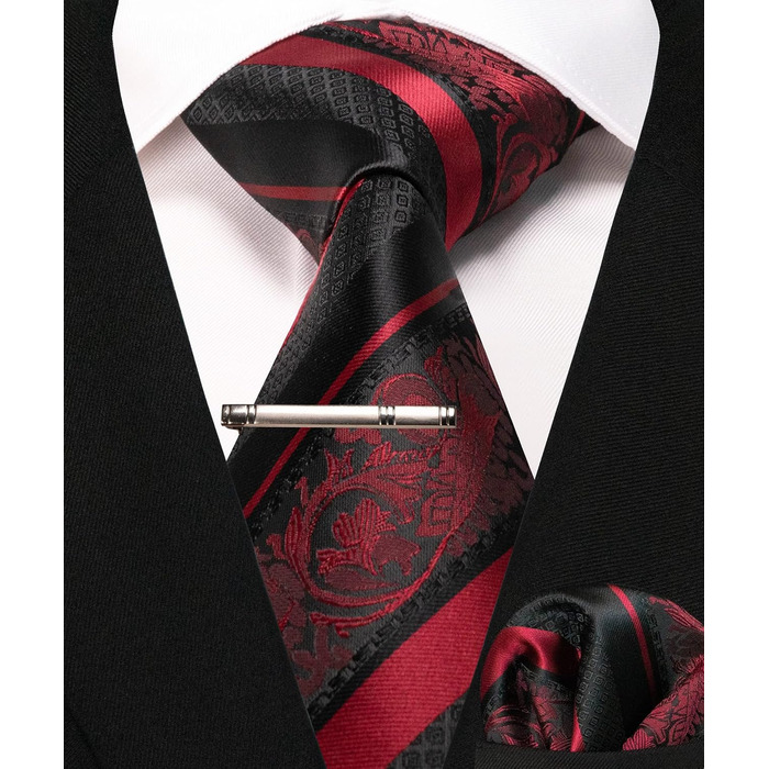 Набір краваток чоловічий JEMYGINS з поєднанням ромбічних візерунків та смужок, з краваткотримачем та кишеньковим хустиною, бордовий