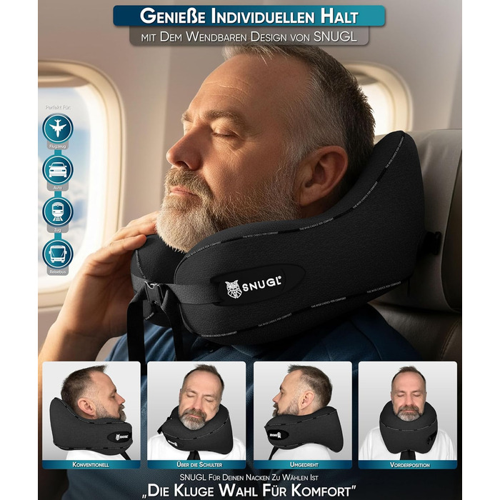 Подушка для шиї SNUGL з Memory Foam, регульована та миюча | Зручна подушка для подорожей на літаку, в авто та в дорогу | Подушка-шиїчкі SNUGL (Чорний, для дорослих)