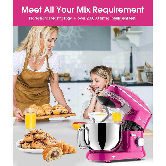 Кухонна машина Facelle 1500W з нержавіючою чашею 6.2L, 6 швидкостей, з міксером, гаком для тіста та вінчиком, захистом від бризок (фіолетова)