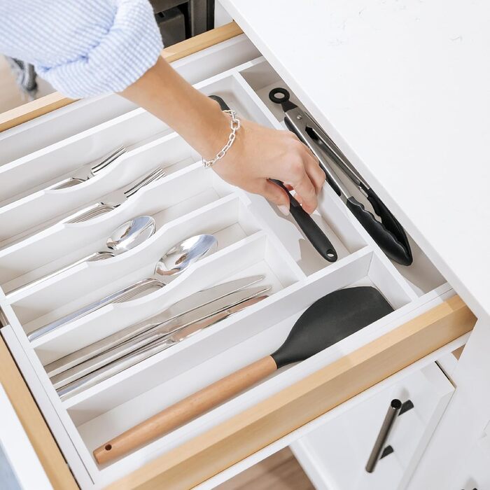 Органайзер для столових приборів і кухонного приладдя KitchenEdge, розширюваний, білий бамбук, харчовий пластик, для кухонних шухляд, 37,8-63,5 см
