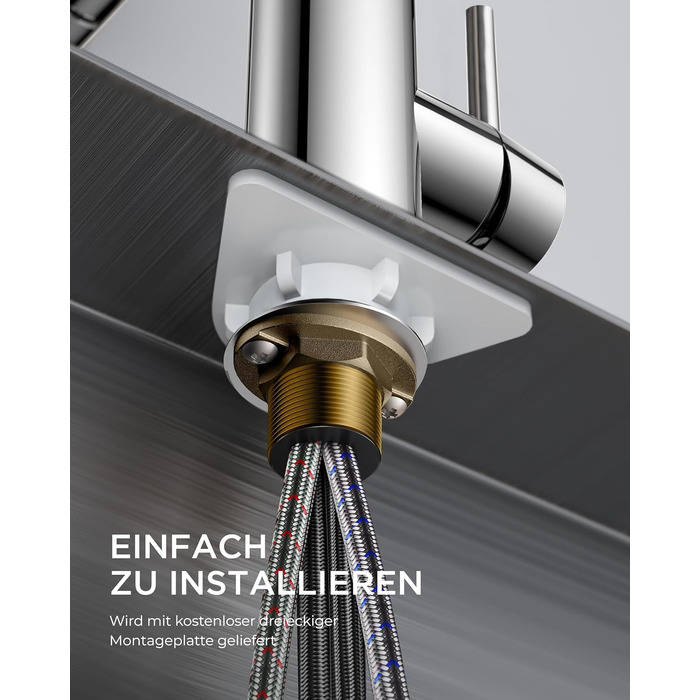 Змішувач для кухні FORIOUS висувний з душем, кухонний, L-подібний, 360° поворот, 2 режими, полірований хром