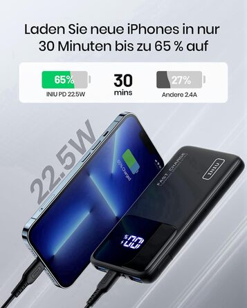 Power Bank INIU, 10000mAh, Швидка зарядка USB-C, PD3.0 QC4.0, Сумісний з iPhone, Samsung, iPad, Чорний