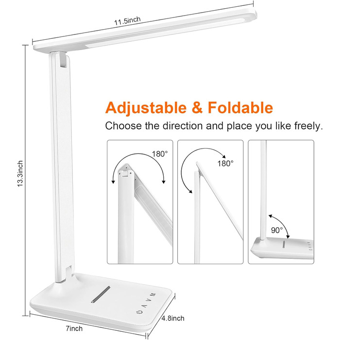 Стійка лампа Jumoking LED з регулюванням яскравості та захистом очей, USB-порт, сенсорне керування, 5 кольорів та 5 рівнів яскравості, для дітей, спальні, читання, офісу (біла)