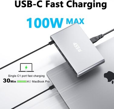 Зарядний пристрій USB-C 455W, 7 портів, GaN PD PPS, для MacBook, Dell, iPhone, Samsung, ноутбуків, планшетів, телефонів – Сірий